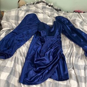 Elegant Blue Satin Dress with Puff Sleeves
